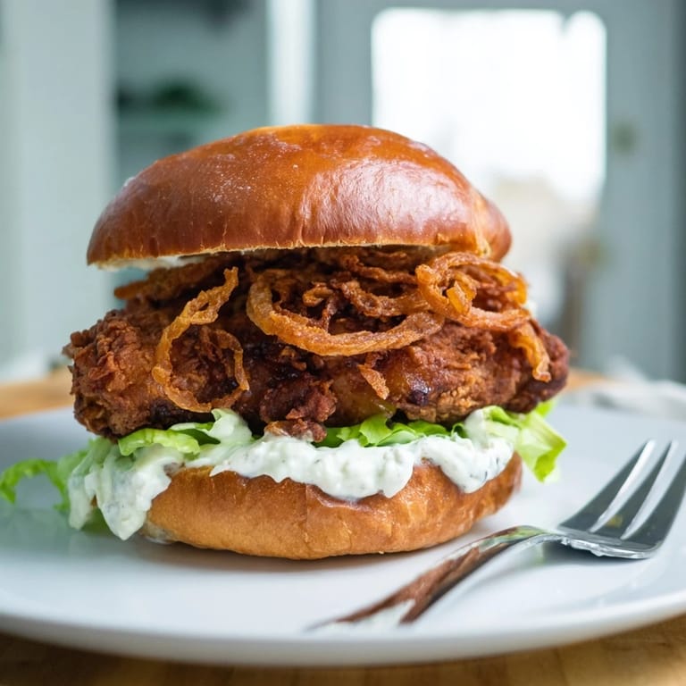 Homemade Crispy Onion Chicken Sandwich with buttermilk-marinated fried chicken thighs, tangy aioli, and crispy fried onions on a toasted brioche bun, served with lettuce and pickles for a perfect bite.