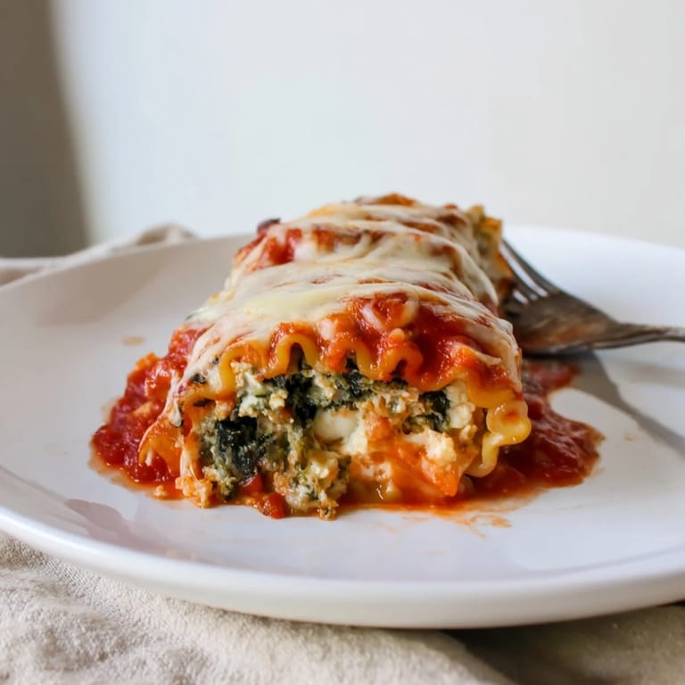 Tender rolled lasagna noodles stuffed with shredded chicken, fresh spinach, and three cheeses, baked until bubbling and golden.  