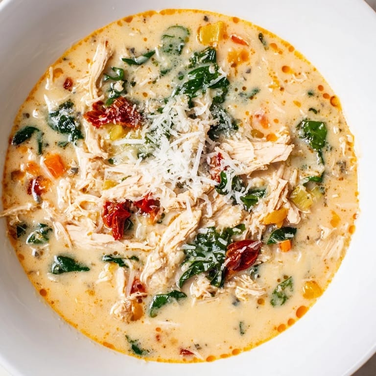Hearty bowl of Creamy Tuscan Chicken Soup with shredded chicken, wilted spinach, and sun-dried tomatoes.  