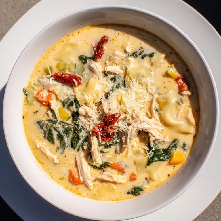 Rich, creamy Creamy Tuscan Chicken Soup ladled into a ceramic bowl, ready for a crusty bread dip.