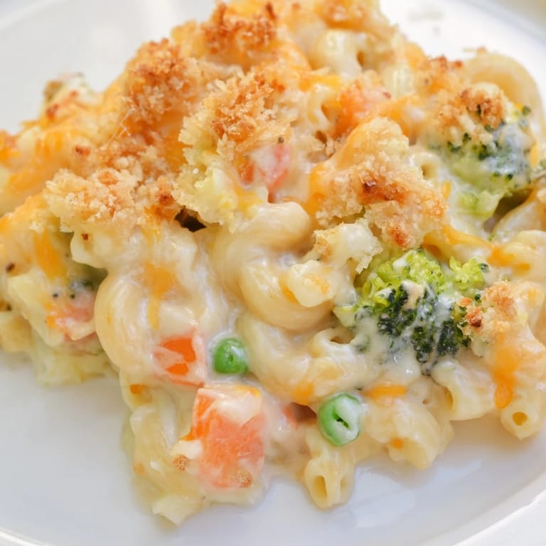 A close-up of creamy Garden Veg Mac and Cheese in a baking dish, featuring vibrant orange cheddar sauce coating tender pasta and colorful vegetable pieces.