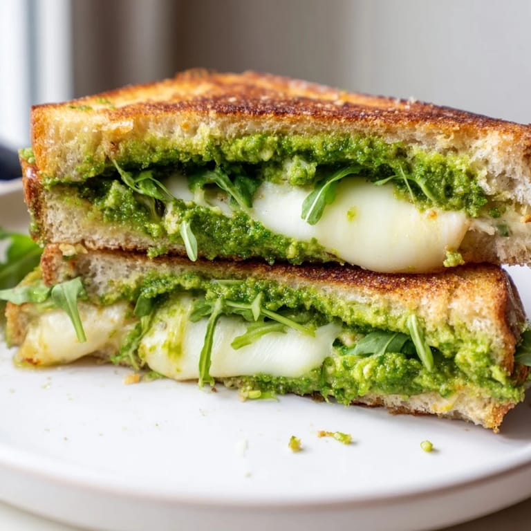 Toasted sourdough bread reveals a melty interior of mozzarella and bright spring pea pesto in this easy vegetarian sandwich.