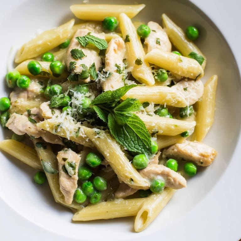 A close-up of Pea & Mint Chicken Pasta reveals glossy Parmesan sauce clinging to al dente noodles, peas, and golden chicken pieces.  