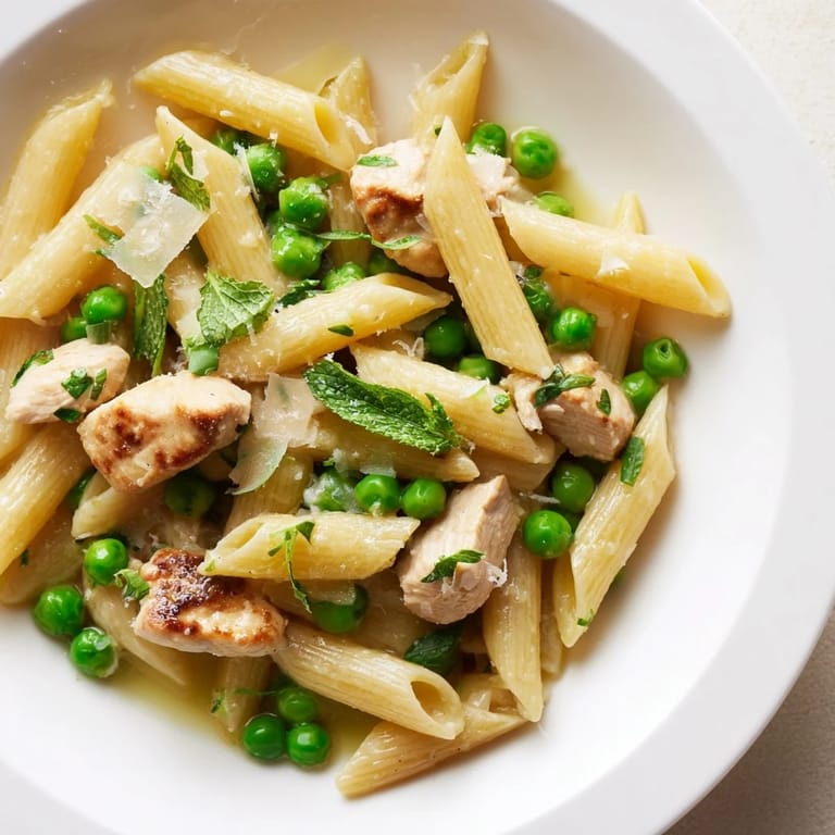 Serve this easy Pea & Mint Chicken Pasta in shallow bowls, garnished with extra mint and grated Parmesan for a fresh Italian-inspired meal.