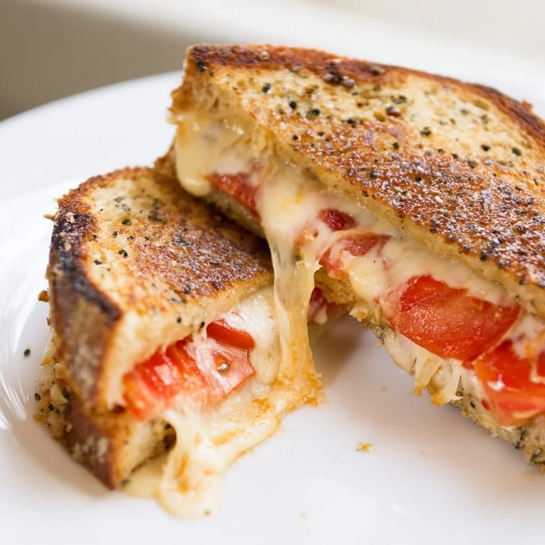 Homemade Pepper Jack & Tomato Grilled Cheese served beside a red bowl of creamy tomato soup for dipping.