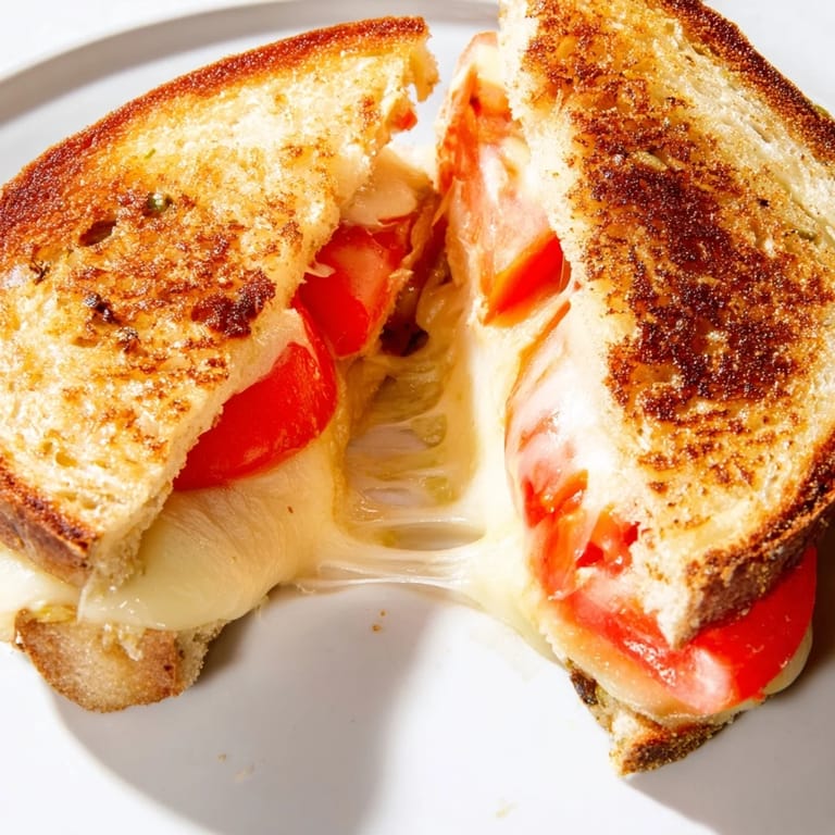 Close-up of Pepper Jack & Tomato Grilled Cheese with juicy tomato layers on a rustic wooden cutting board.
