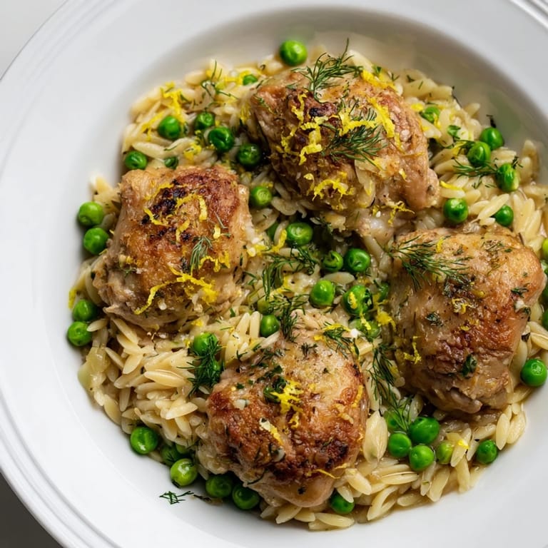 Golden-brown chicken and fluffy orzo pasta in a zesty lemon sauce, ready to serve for a light spring dinner.