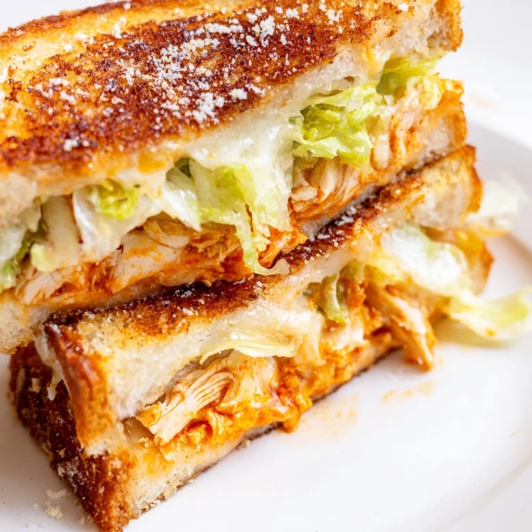 A close-up of a Buffalo Chicken Caesar Grilled Cheese, revealing the shredded chicken and romaine lettuce filling.