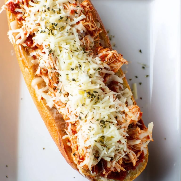 Sizzling Chicken Parm Stuffed Garlic Bread boats served hot on a rustic wooden board with fresh herbs.