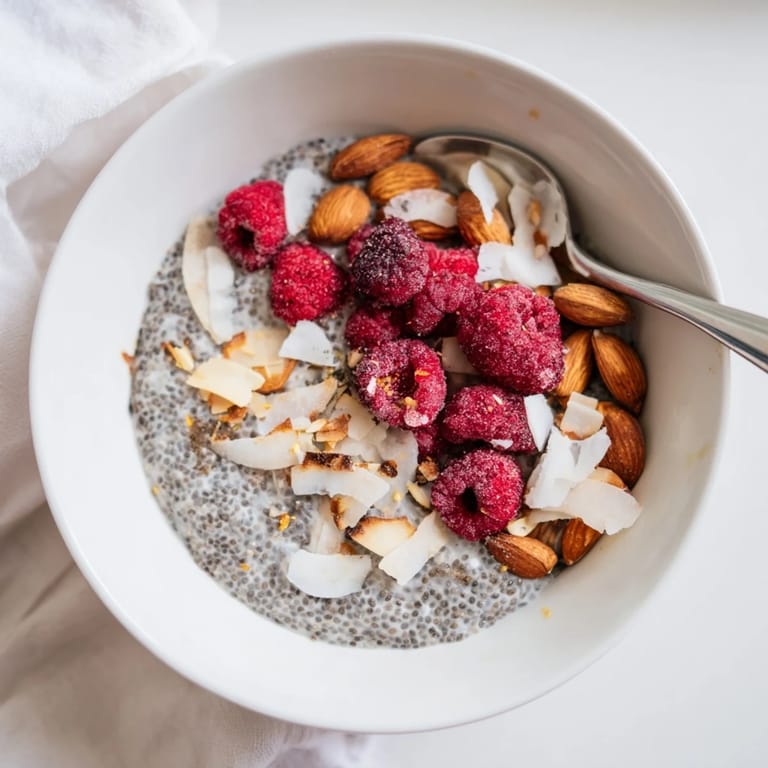 A healthy breakfast jar of Poppy Seed Chia Pudding with berries and shredded coconut.