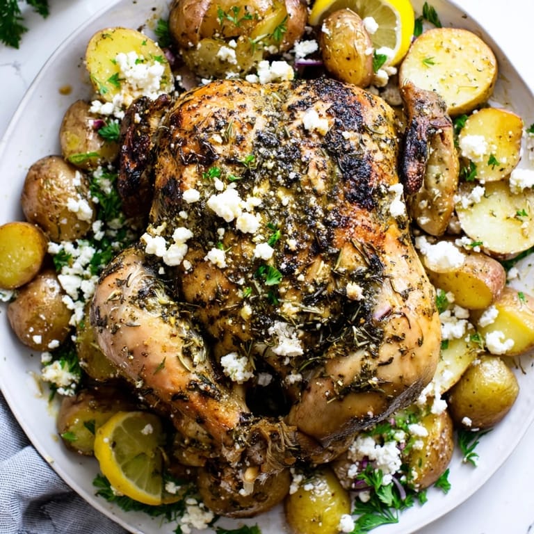 Juicy Roasted Chicken with Pot Potatoes is served with roasted potatoes, lemon wedges, and herbs on a warm dinner plate.