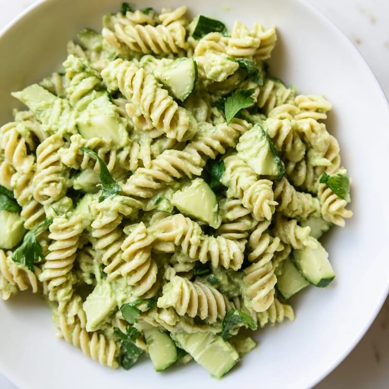 Vibrant bowl of Green Goddess Pasta Salad with spinach, parsley, and chives, drizzled with tangy lemon-yogurt dressing.