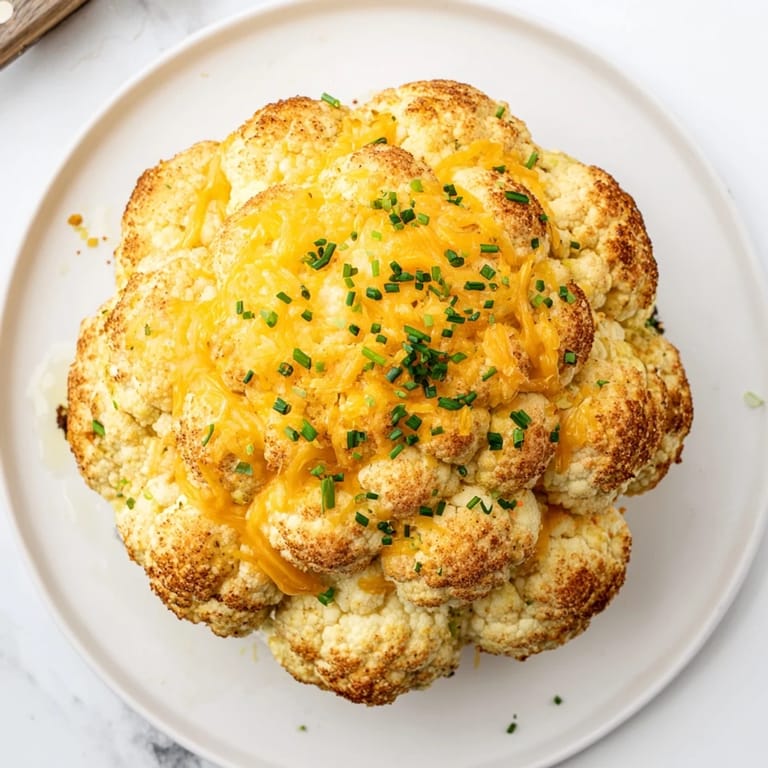 Whole roasted Cheesy Stuffed Cauliflower Head topped with crispy breadcrumbs and fresh herbs on a baking tray.