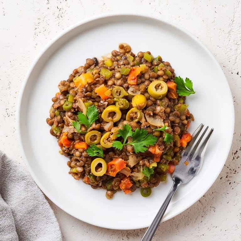 Colorful skillet of vegan Cuban-Inspired Lentil Picadillo simmered with cumin and paprika, ready to be scooped up for a satisfying family dinner.