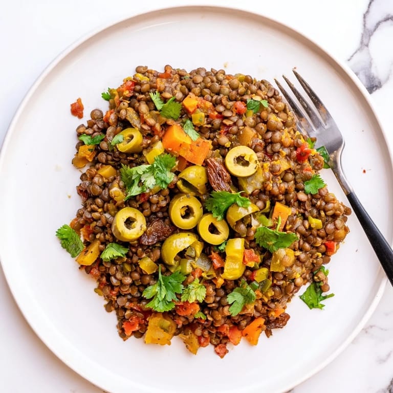 Forkful of savory-sweet Cuban-Inspired Lentil Picadillo featuring hearty lentils, briny green olives, and tender vegetables served over fluffy white rice.
