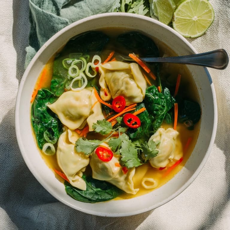 Vibrant Red Curry Wonton Soup With Greens, garnished with scallions and cilantro.
