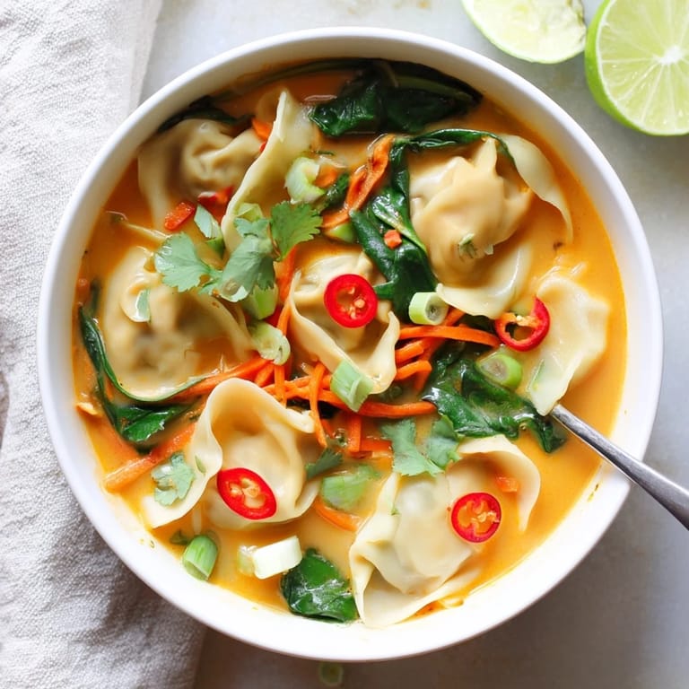 Hearty Red Curry Wonton Soup With Greens, perfect for a quick weeknight meal.