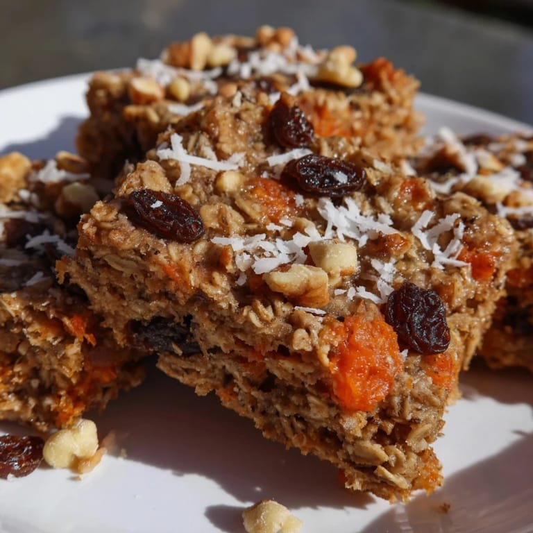 A slice of Carrot Cake Baked Oatmeal served with a dollop of Greek yogurt and maple drizzle.