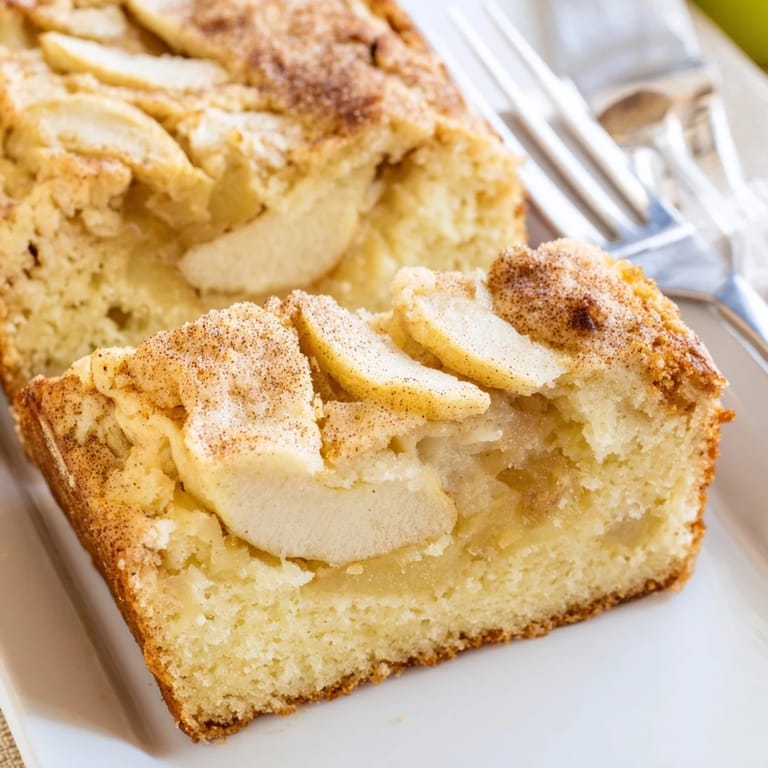 Slices of Baked Apple Cake rest on a marble counter, showcasing the golden texture and inviting aroma, ideal for brunch or dessert.