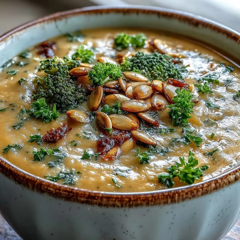 Freshly blended Roasted Broccoli and Butternut Squash Soup with a drizzle of coconut milk, topped with crunchy toasted seeds.