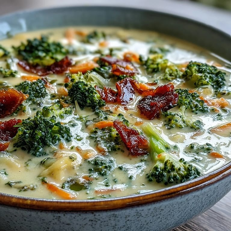 A close-up of homemade Broccoli Cheddar Soup showing tender broccoli florets and shredded carrots.