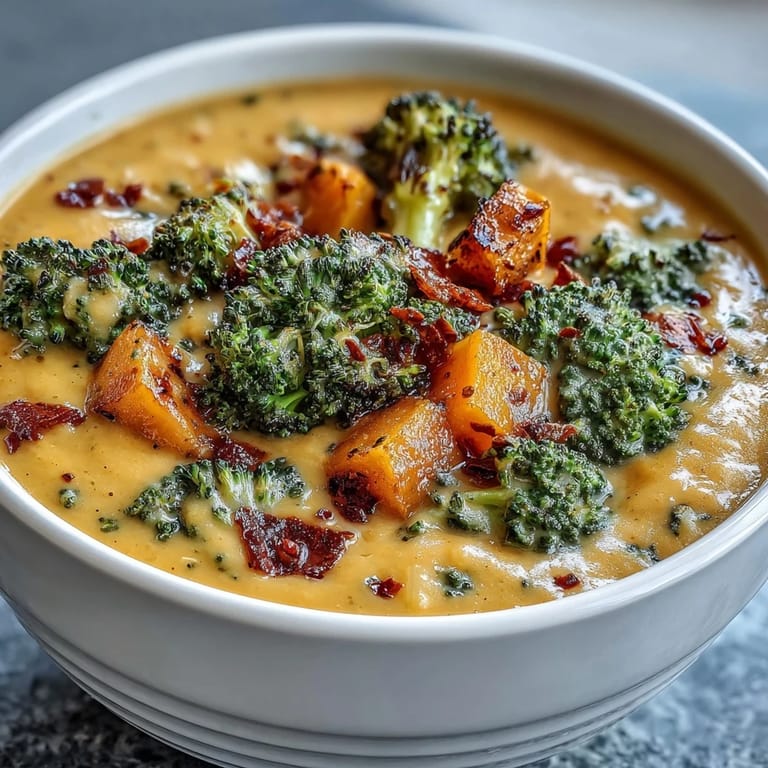 Golden roasted butternut squash and broccoli florets blended into a rich, velvety cheddar soup in a white bowl.