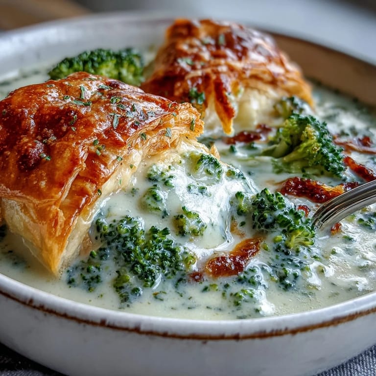 Golden, cheese-filled pastries resting on rich orange Broccoli and Butternut Squash Soup for a cozy vegetarian dinner.