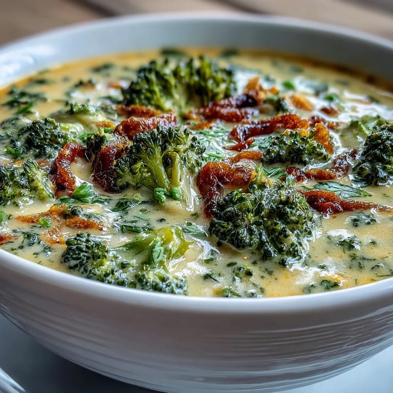 A steaming bowl of Roasted Broccoli Cheddar Soup topped with extra cheese, ready to be served with crusty bread for dipping.