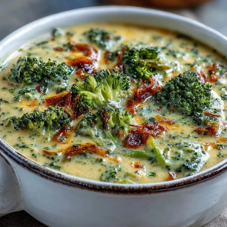 Close-up of Roasted Broccoli Cheddar Soup showing a rich, creamy texture with tender carrots and herbs in a white ceramic pot.