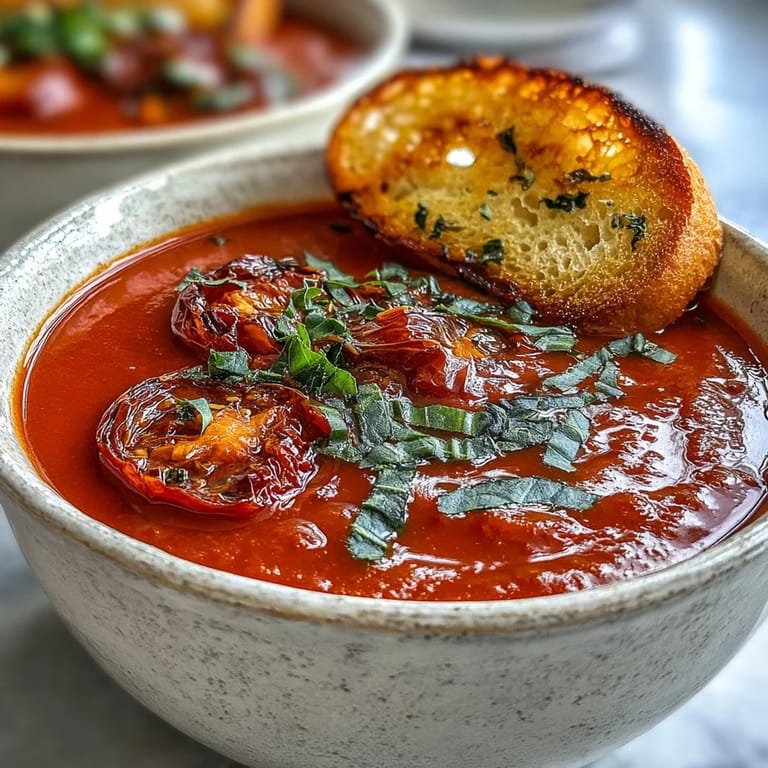 Homemade Roasted Tomato Basil Soup served steaming hot in a ceramic bowl, topped with fresh basil and croutons.