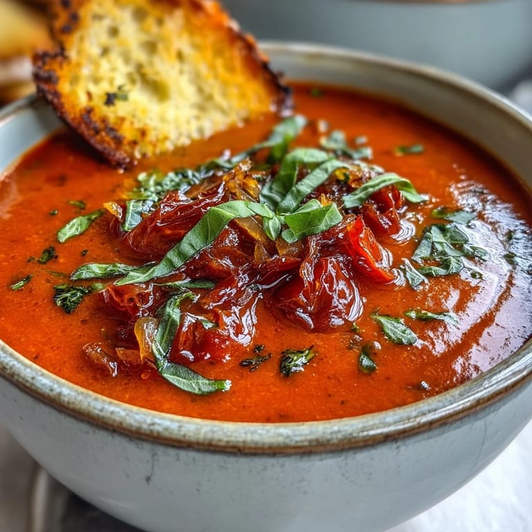 A spoon dips into velvety Roasted Tomato Basil Soup beside a slice of toasted, buttery bread for dipping.