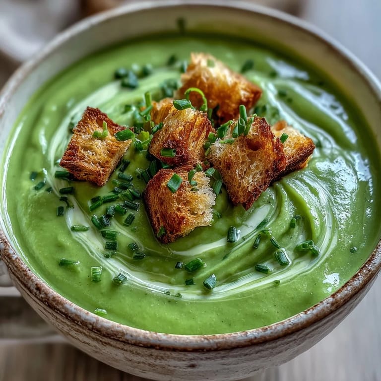 A vibrant green bowl of Cream of Broccoli Soup garnished with a swirl of cream.