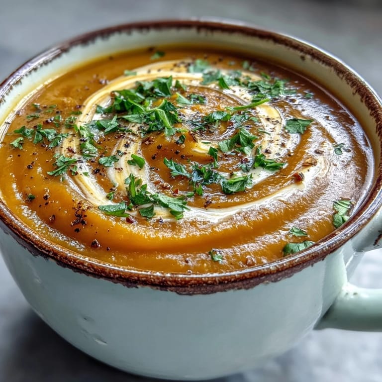 Roasted butternut squash and lentil soup topped with cilantro and a coconut cream swirl.