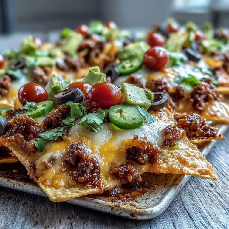 Crizzling hot Baked Nachos topped with black beans, diced avocado, and sour cream served on a platter.