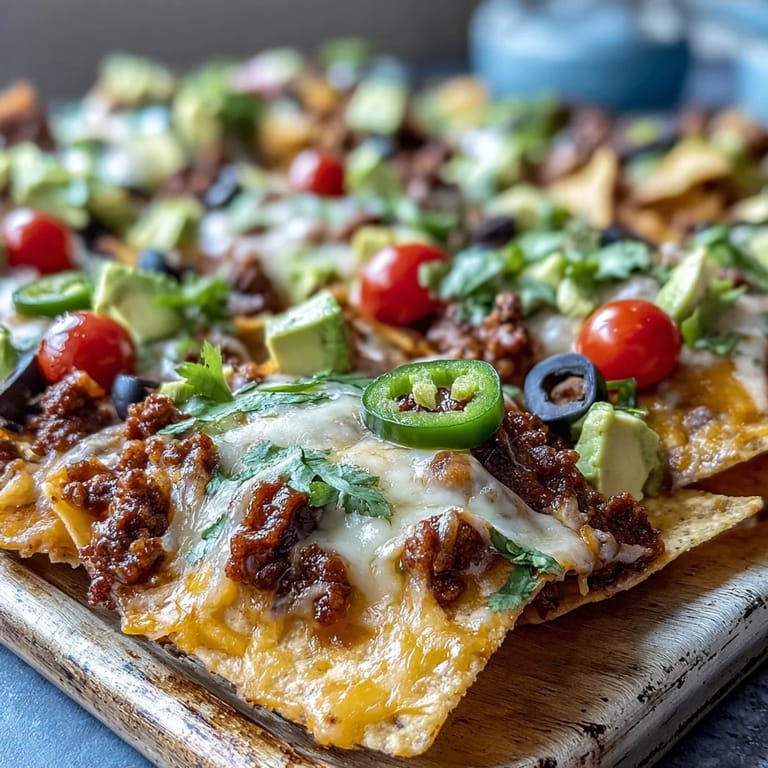 Golden, cheesy Baked Nachos loaded with ground beef, olives, and fresh cilantro for a Tex-Mex appetizer.