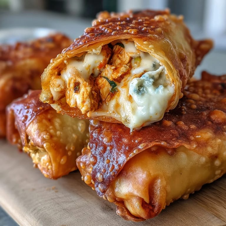 Golden fried buffalo chicken egg rolls, bursting with spicy flavor and creamy filling.