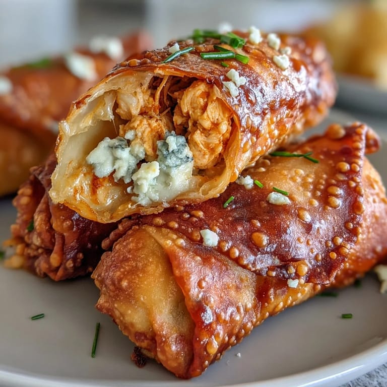 Golden brown buffalo chicken egg rolls ready to be served with a cool dip.
