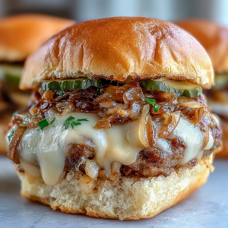 A close-up of baked Touchdown Brat Sliders with bubbly cheese, pickles, and sesame seed bun tops, perfect for a game day party spread.