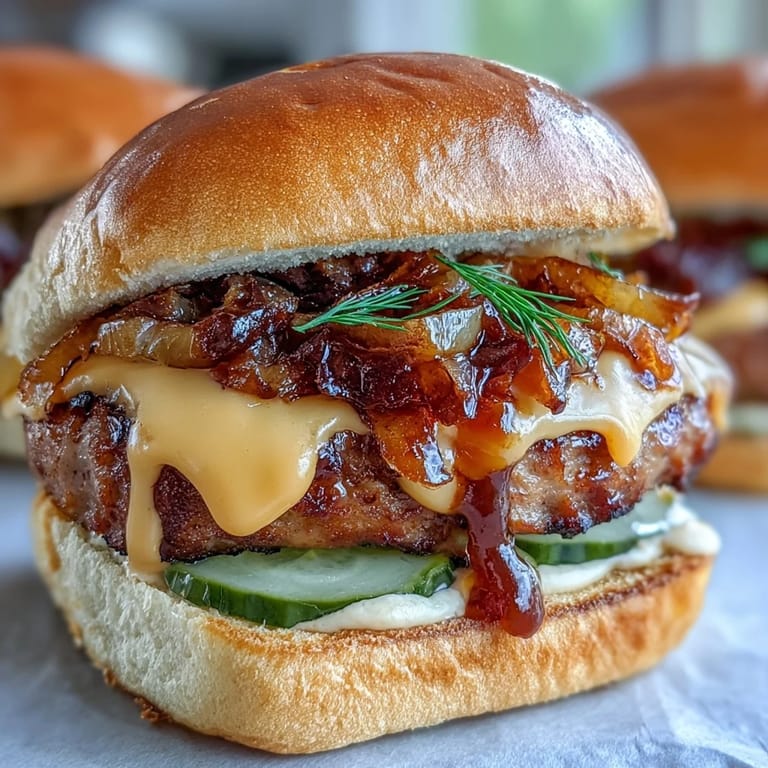 Steaming Touchdown Brat Sliders on a serving tray, showcasing caramelized onions and tangy beer cheese sauce melting over bratwurst patties.