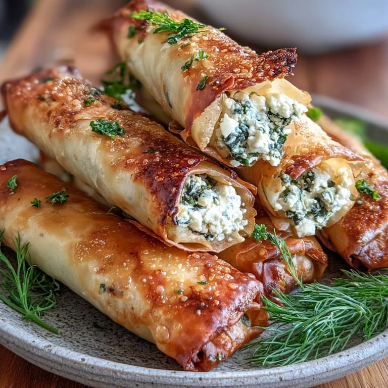 Tightly rolled Spanakopita Spring Rolls with golden-brown wrappers, resting on parchment next to fresh lemon wedges.