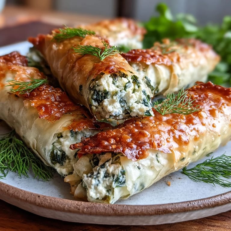 Freshly fried Spanakopita Spring Rolls arranged on a cooling rack, steam rising from the savory spinach and feta filling.