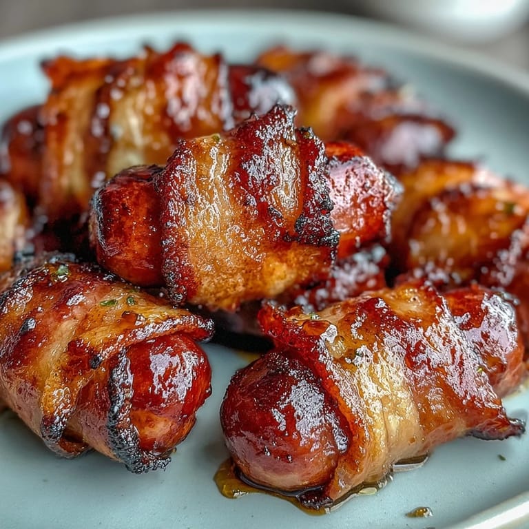 Juicy mini sausages enveloped in perfectly rendered smoky bacon for tasting.
