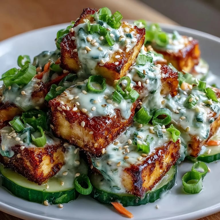 A serving of Creamy Asian Cucumber Salad with Crispy Tofu features a colorful mix of fresh veggies, protein-packed tofu, and a drizzle of chili oil.