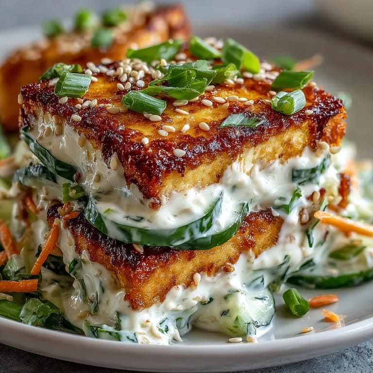 Crispy golden tofu cubes nestled among cool, crunchy cucumber slices and carrots, tossed in a creamy sesame dressing for this Creamy Asian Cucumber Salad with Crispy Tofu.
