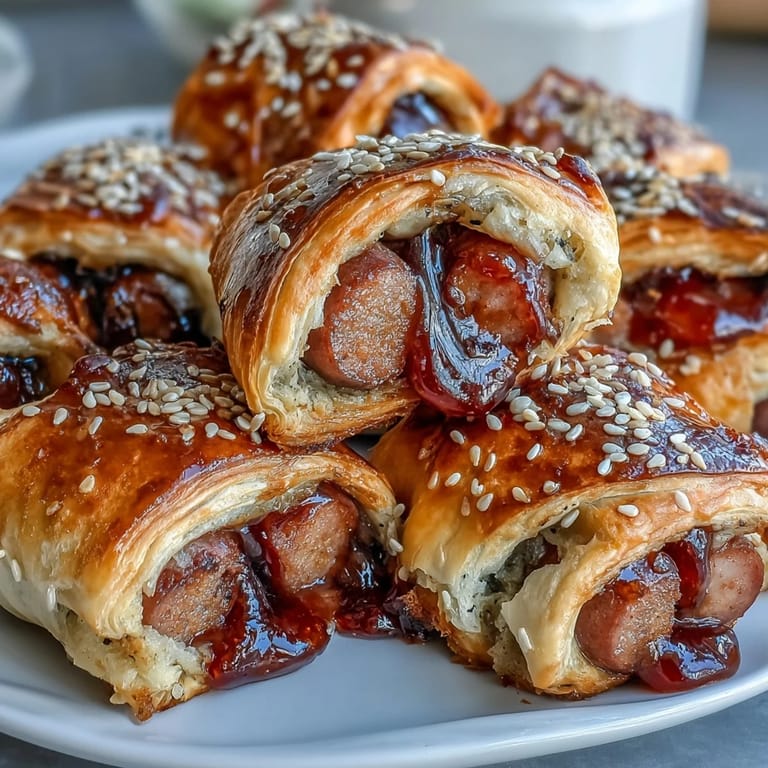 Juicy sausages wrapped in flaky puff pastry with a glossy pepper jelly glaze.