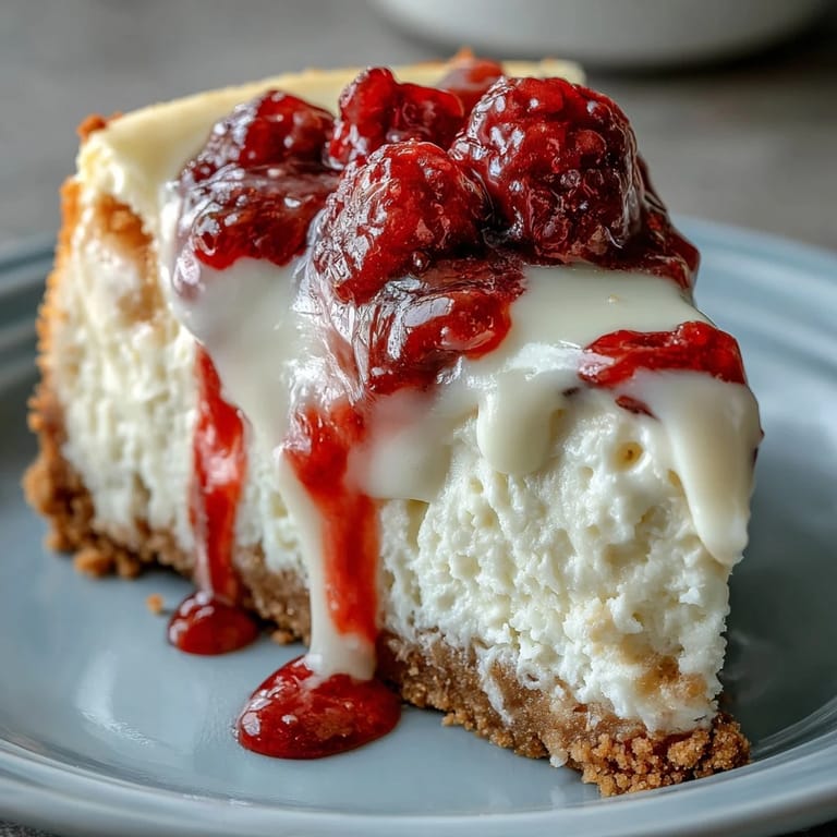 A whole Indulgent White Chocolate Raspberry Cheesecake Bliss garnished with fresh berries, ready to serve at a party.