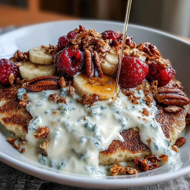 Golden-brown Protein Pancake Bowl topped with drizzled honey, nut butter, and granola for a hearty breakfast.