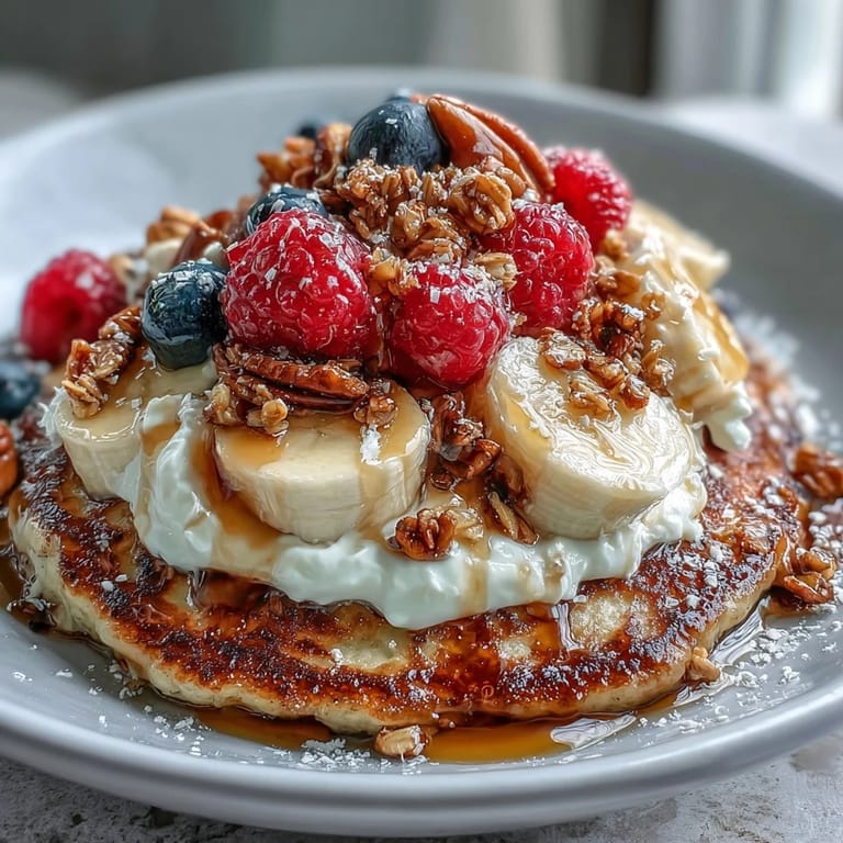 A fork-ready Protein Pancake Bowl featuring fluffy oats and banana pancake base with creamy yogurt and fruit.