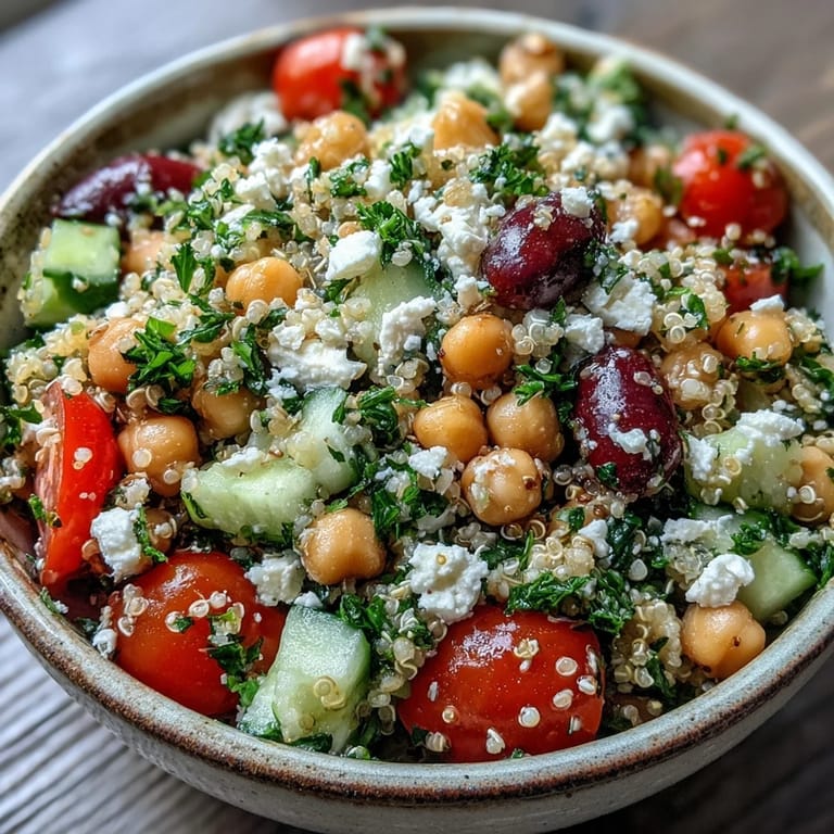 Fork-ready serving of High Protein Quinoa & Chickpea Salad topped with chickpeas, fresh parsley, and lemon juice, perfect for a nutritious Mediterranean-inspired lunch.
