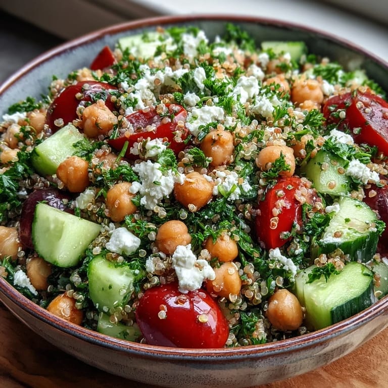 Freshly tossed High Protein Quinoa & Chickpea Salad with fluffy quinoa, chickpeas, cherry tomatoes, cucumbers, and herbs in a rustic ceramic bowl, ready to serve.